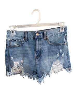 Celebrity Pink Distressed Light Wash Denim Shorts with Frayed Hem